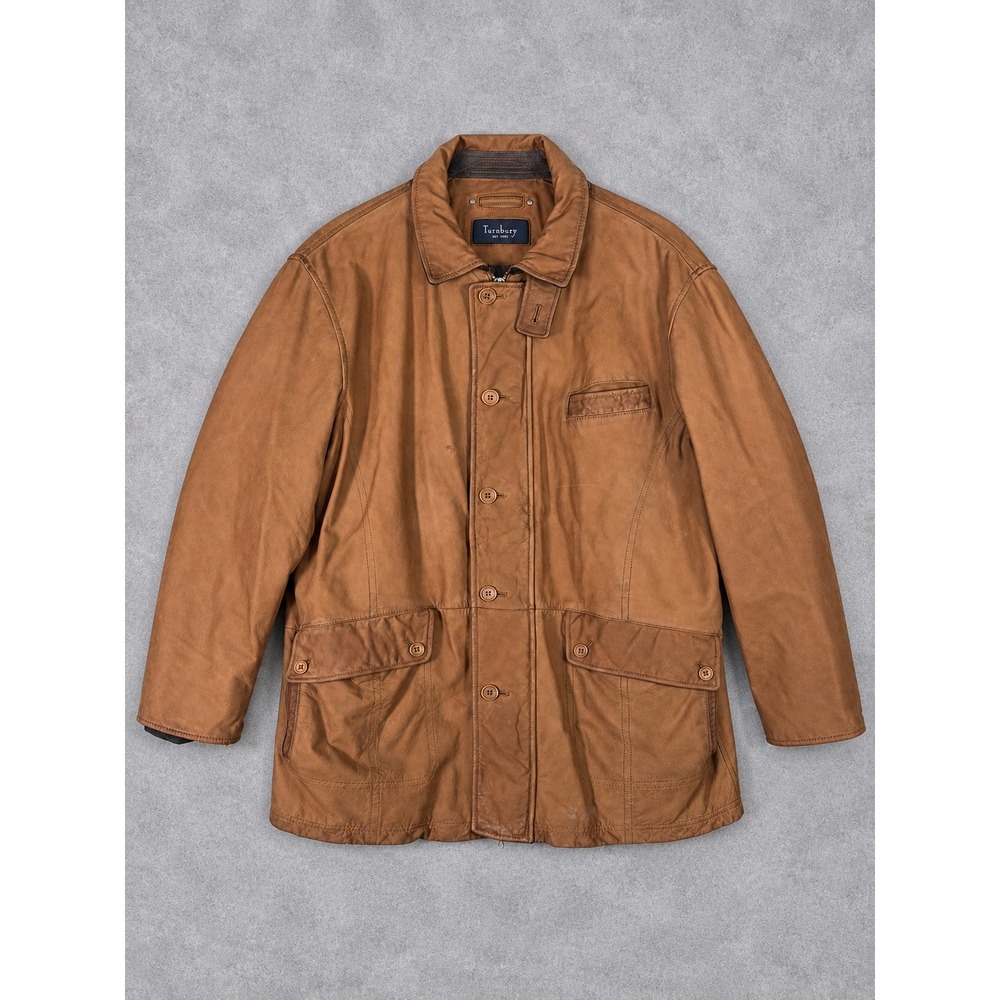 Turnbury Leather Field Jacket Mens Large Brown Zip Button Barn Coat Heritage